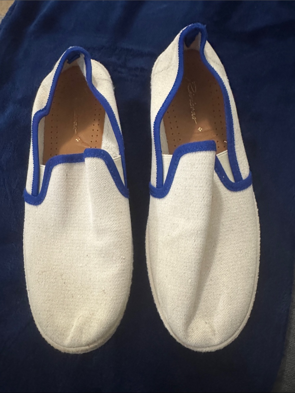 Rivieras Cream Canvas Slip-Ons with Blue Trim